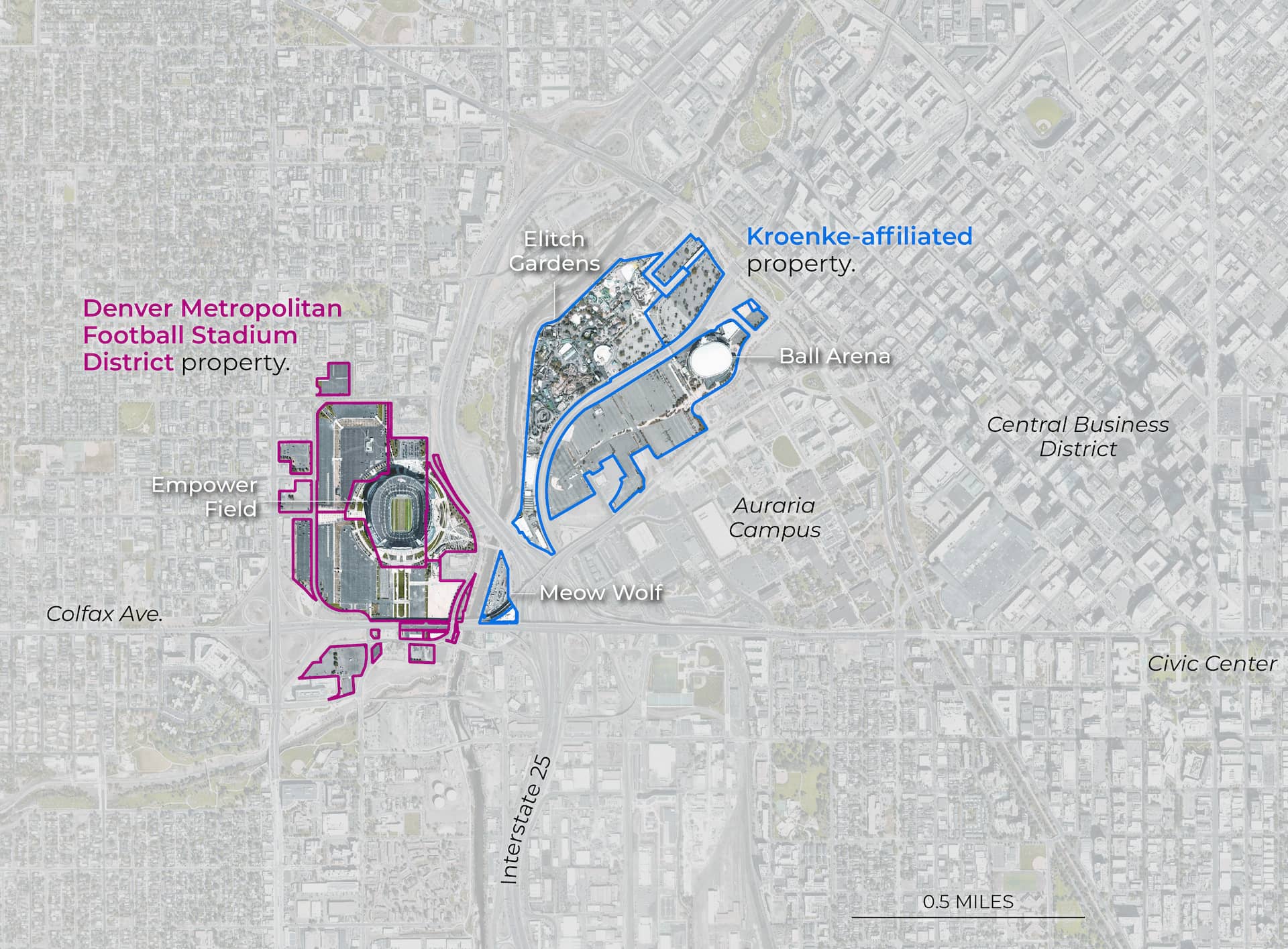 A masked and annotated satellite image of a portion of downtown Denver, CO with various landmarks and areas of interest outlined and unmasked based on ownership.