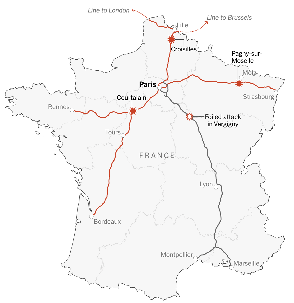 A map of France showing high speed rail lines that were targeted and the locations of the arson attacks. Lines to Lille, Strasbourg, Rennes and Bordeaux were impacted.