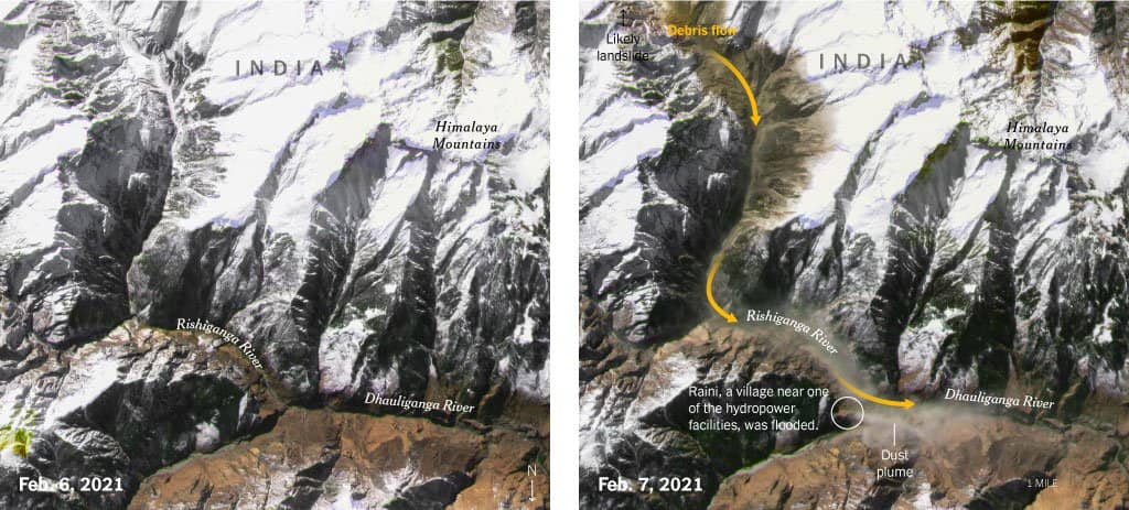 Side-by-side satellite images of a region in India from Feb. 6th, 2021 and Feb. 7th, 2021. Annotations show debris flows and dust plumes radically changing the environment after a landslide.