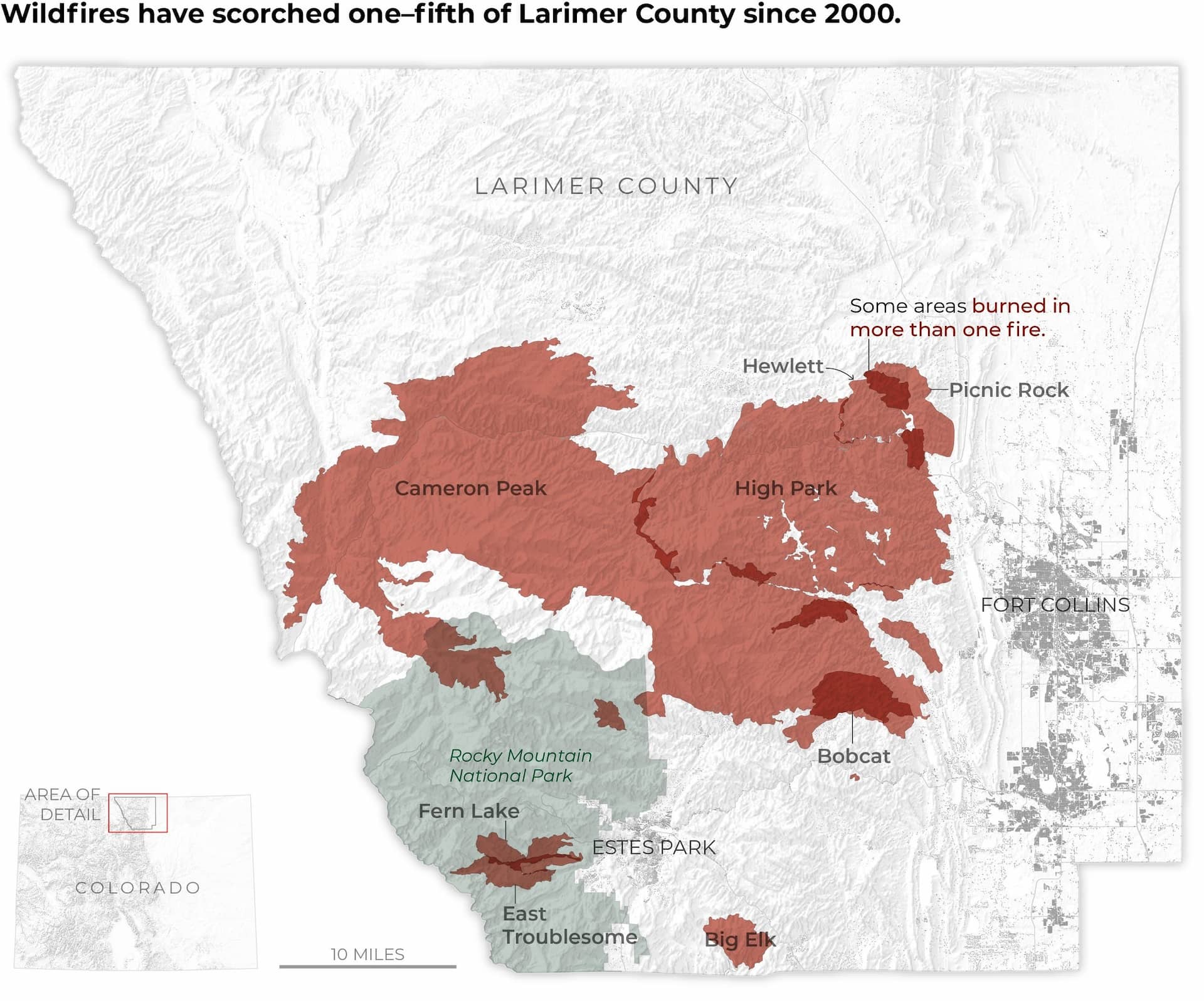 A detail map of Larimer County, CO showing areas of (occasionally overlapping) wildfire burns, with the total volume of colored area accounting for an appreciable percentage of the whole county.