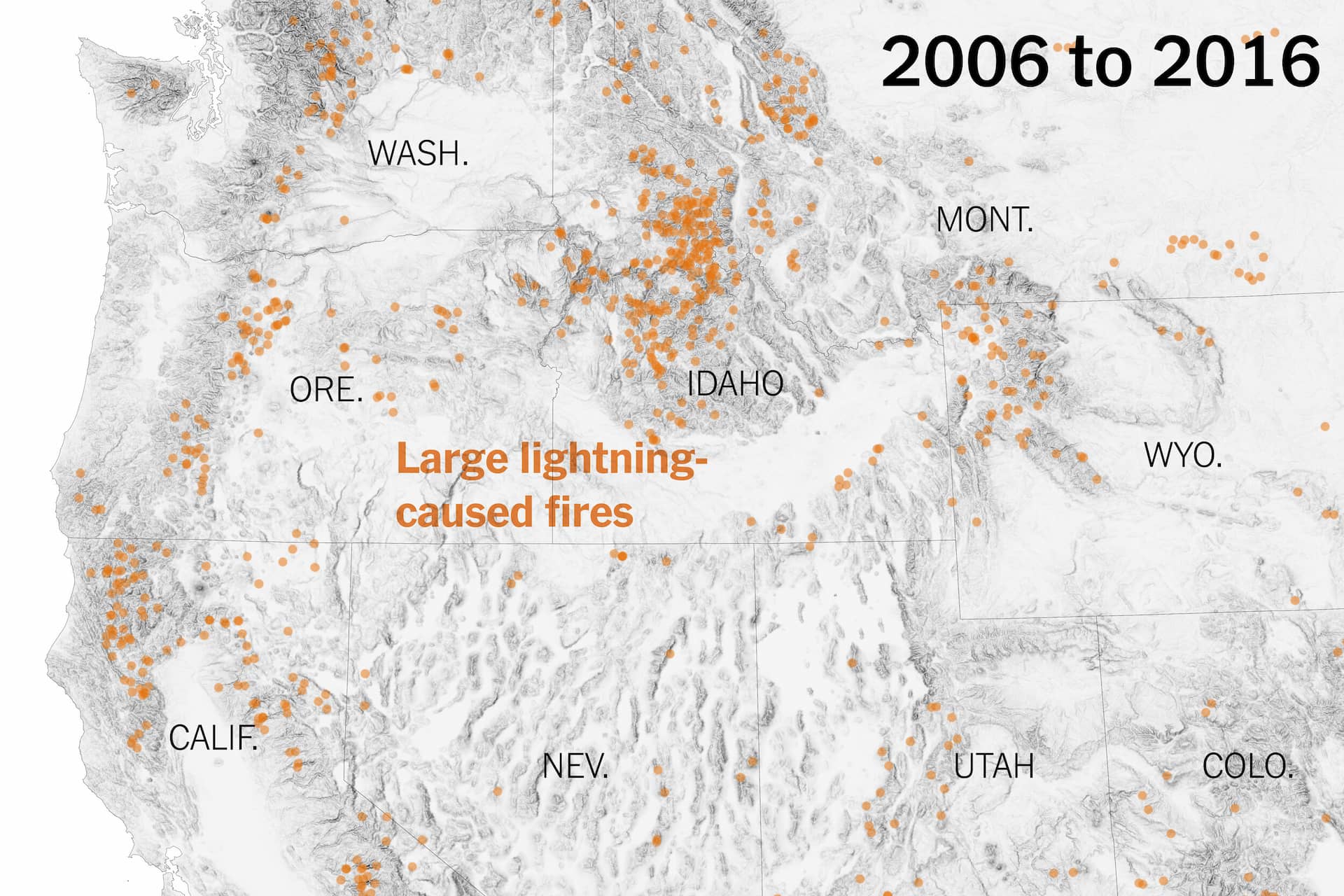 A map of the western United States showing Washington state through Colorado, with orange dots marking locations where lightning ignited large fires between 2006 and 2016. There is a line of dots following the Mountains from northern Washington through California and another cluster of dots in Idaho.