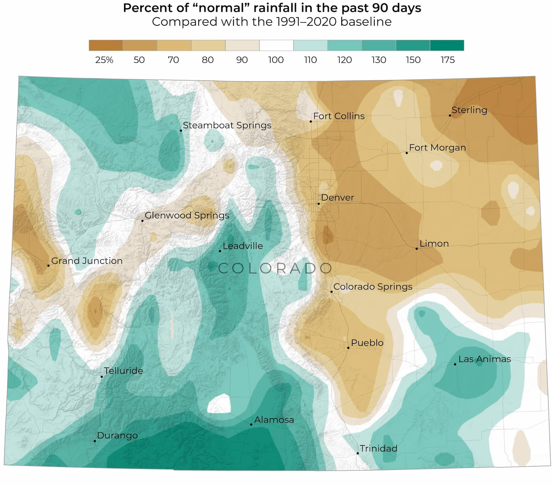 A map of Colorado with overlapping shades of colored areas representing deviation from normal precipitation levels over a 90-day period in 2022. The North-East portion of the state received considerably less rainfall, while areas in the South and South-West received consdierably more.