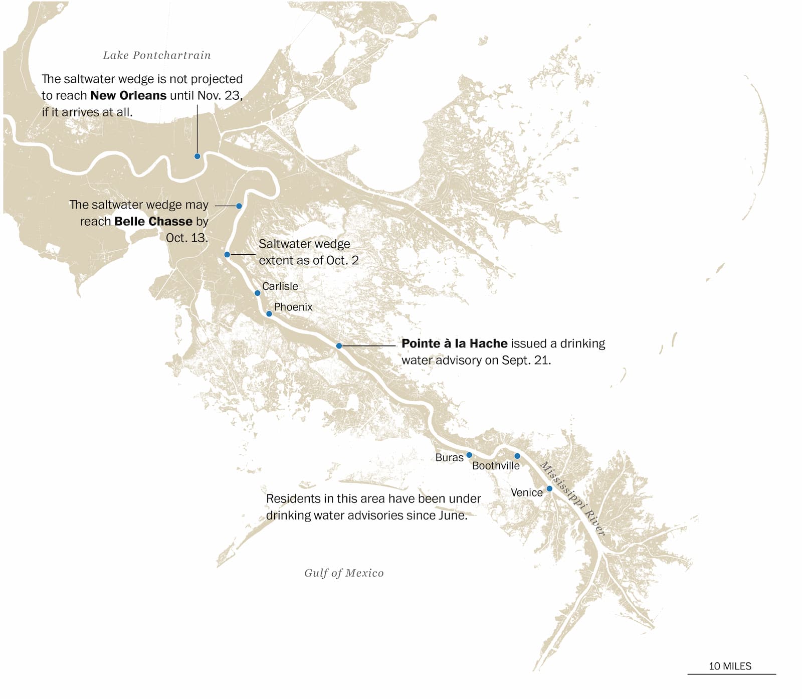 An annotated map of the mouth of the Mississippi River with markings showing where and when the saltwater wedge reached various areas upriver, along with some projections of how far it might go.