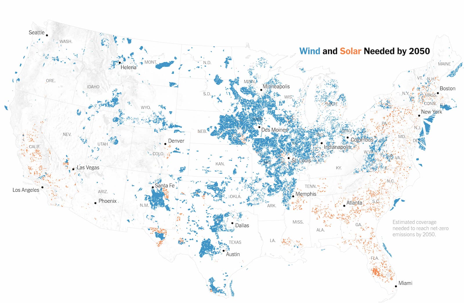 A map of the continental United States showing concentrations of two-colors of small dots, representing wind and solar power infrastructure that needs to exist by 2050 in order to meet stated goals. The blue Wind-related dots cover considerably more area.
